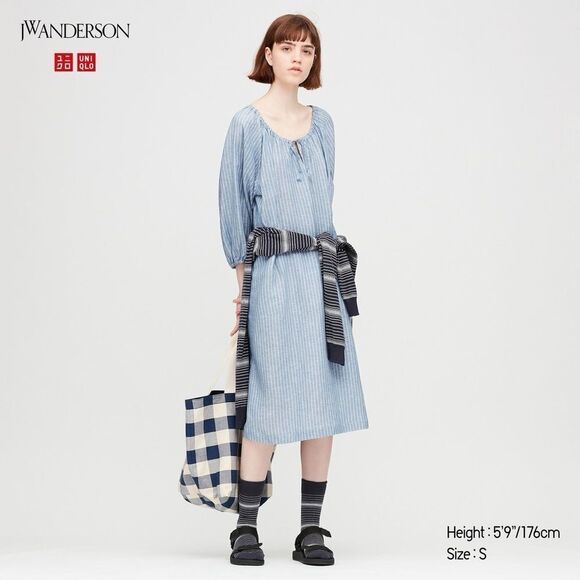 UNIQLO X J.W. ANDERSON Linen Blend Striped Gathered 3/4 Sleeved Dress - Picture 15 of 15